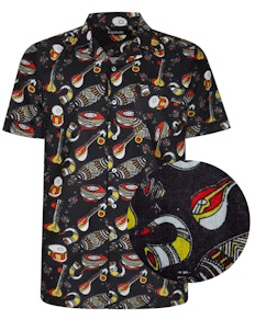 Bigdude Relaxed Collar All Over Musical Instruments Print Woven Short Sleeve Shirt Black